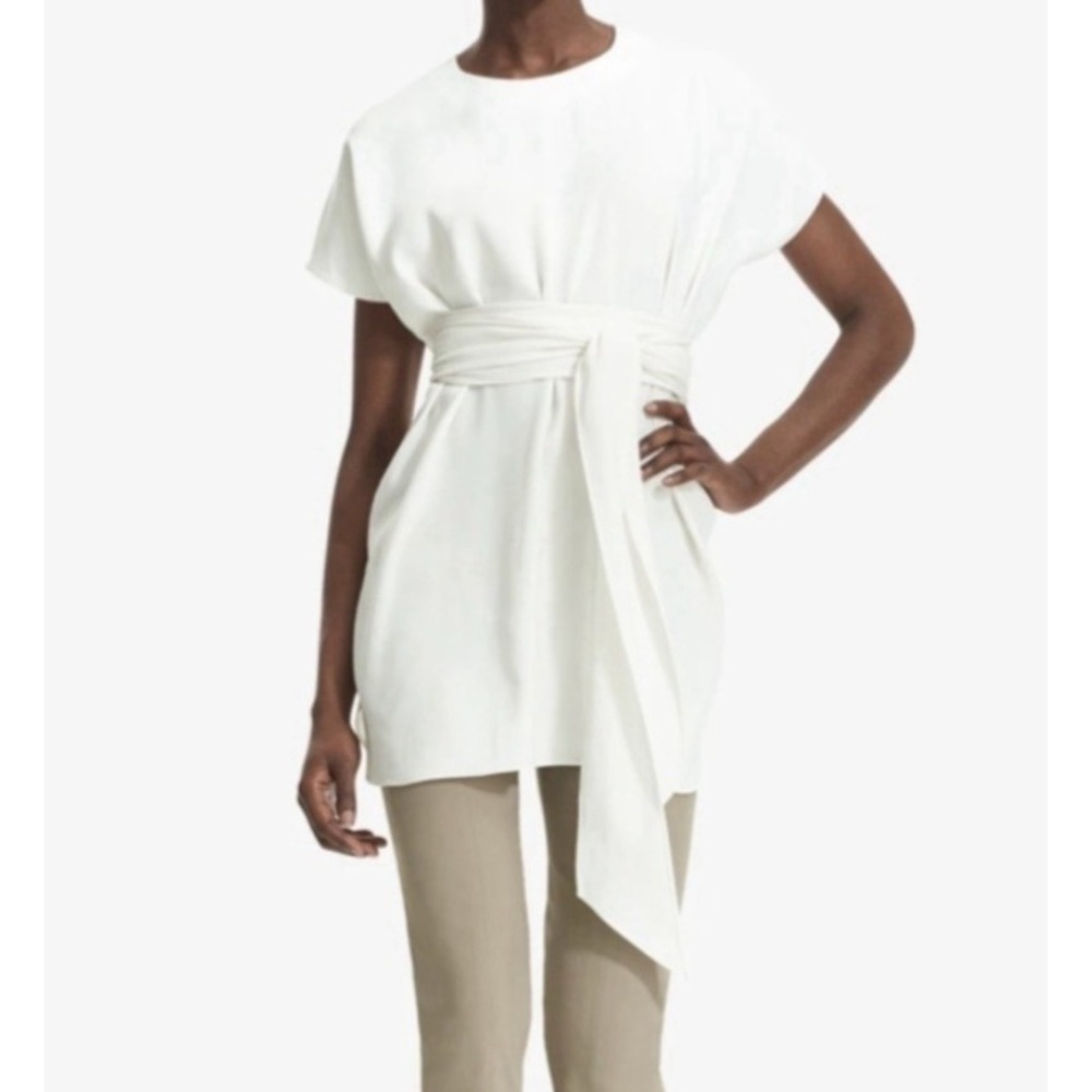MM.LaFleur Selena Wrap Tie Blouse Small Minimalist Ivory Short Sleeve Luxury Top